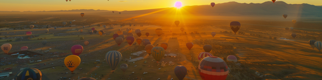 Hot air balloons in the sky over the Balloon Fiesta Park at sunrise