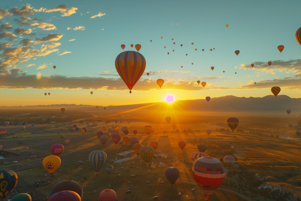 Hot air balloons in the sky over the Balloon Fiesta Park at sunrise